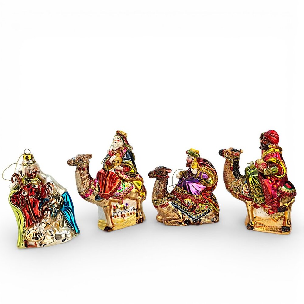 VTG Set Of 4 Ornaments Glass Figure Wisemen Mary Joseph Jesus Nativity Scene
